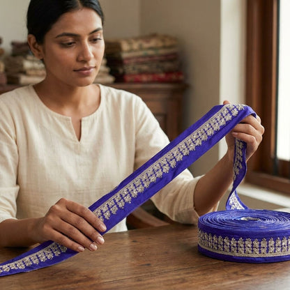 Sanskriti Vintage 1 YD Sari Border Blue Pure Silk Hand Embroidered Trim Lace