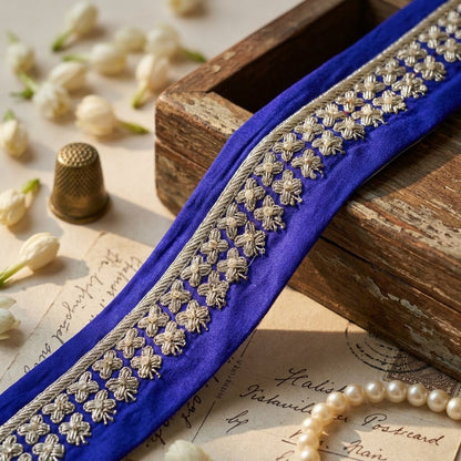Sanskriti Vintage 1 YD Sari Border Blue Pure Silk Hand Embroidered Trim Lace