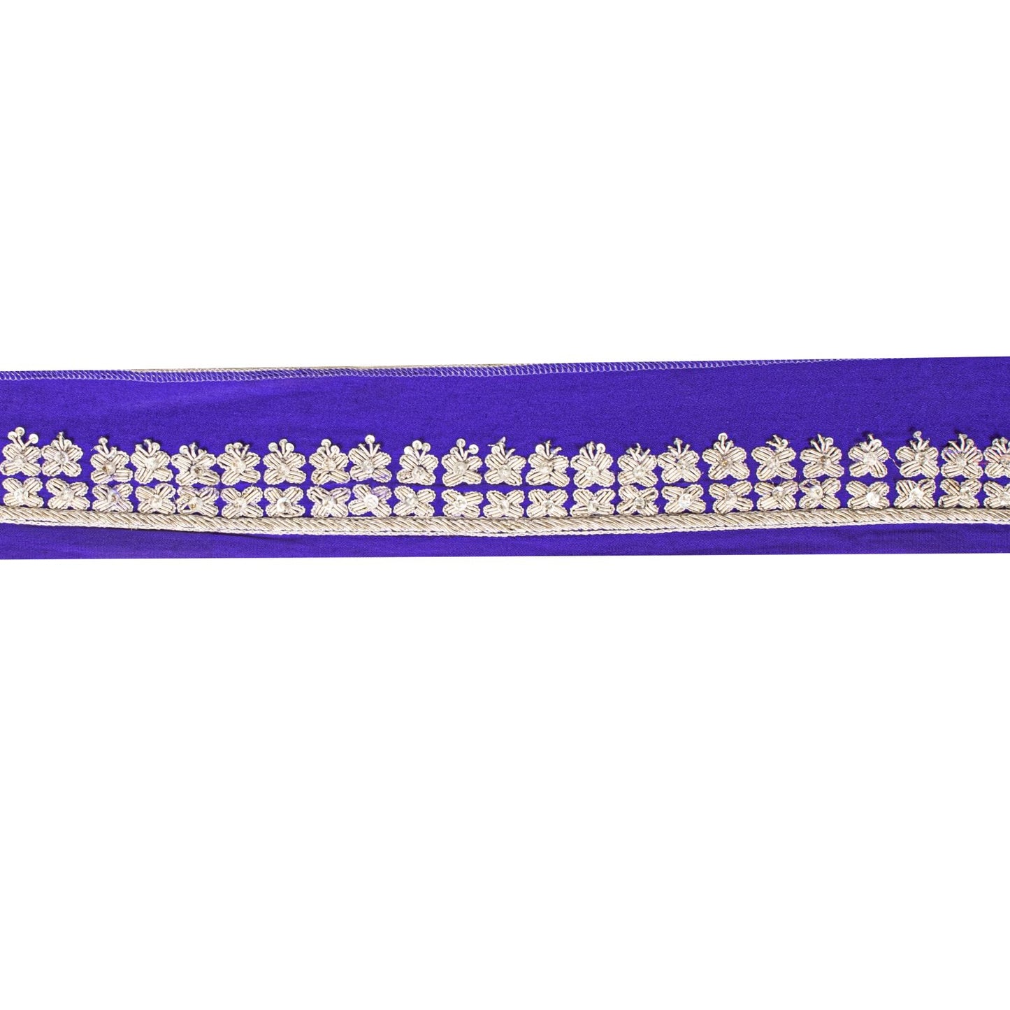 Sanskriti Vintage 1 YD Sari Border Blue Pure Silk Hand Embroidered Trim Lace