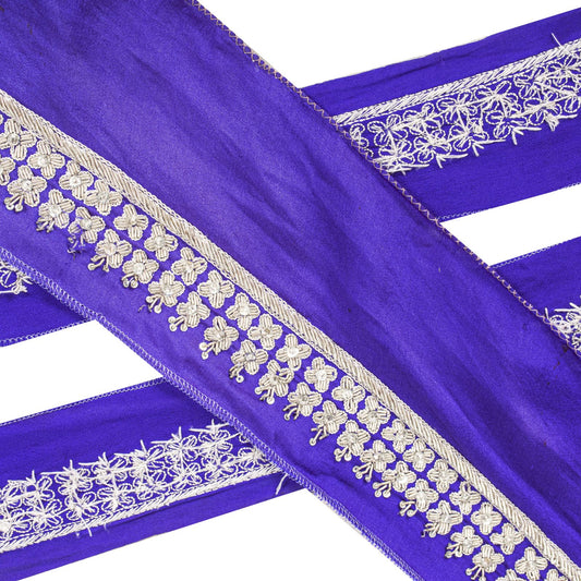 Sanskriti Vintage 1 YD Sari Border Blue Pure Silk Hand Embroidered Trim Lace