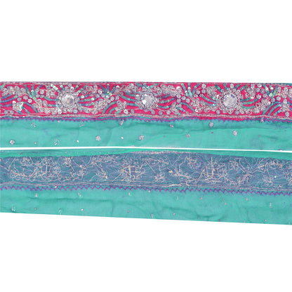 SANSKRITI VINTAGE SAREE BORDER HAND BEADED 1YD TRIMS SEQUINS LACE 2W SEA GREEN