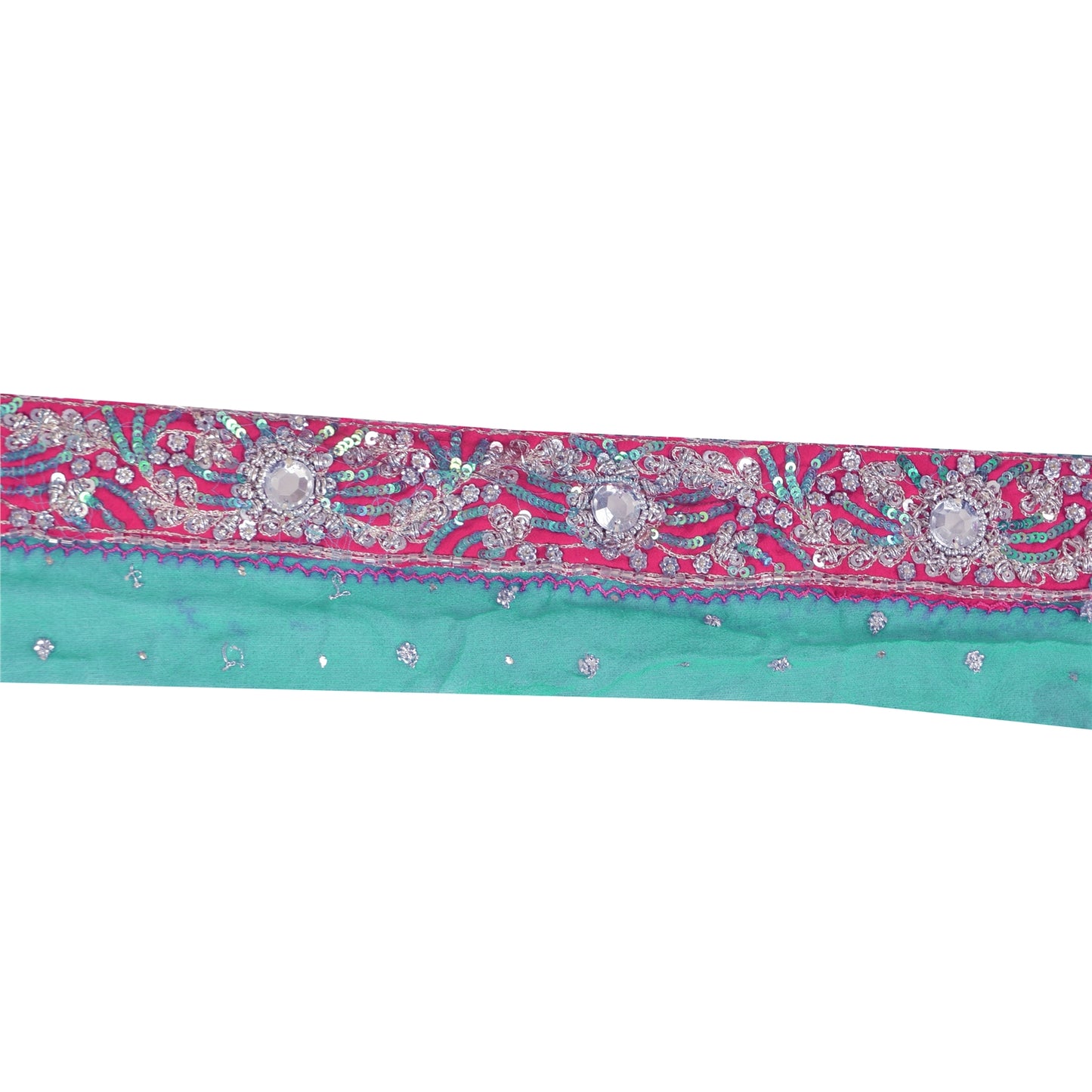 SANSKRITI VINTAGE SAREE BORDER HAND BEADED 1YD TRIMS SEQUINS LACE 2W SEA GREEN