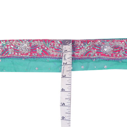 SANSKRITI VINTAGE SAREE BORDER HAND BEADED 1YD TRIMS SEQUINS LACE 2W SEA GREEN