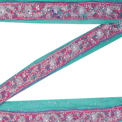 SANSKRITI VINTAGE SAREE BORDER HAND BEADED 1YD TRIMS SEQUINS LACE 2W SEA GREEN