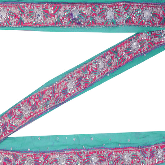 SANSKRITI VINTAGE SAREE BORDER HAND BEADED 1YD TRIMS SEQUINS LACE 2W SEA GREEN