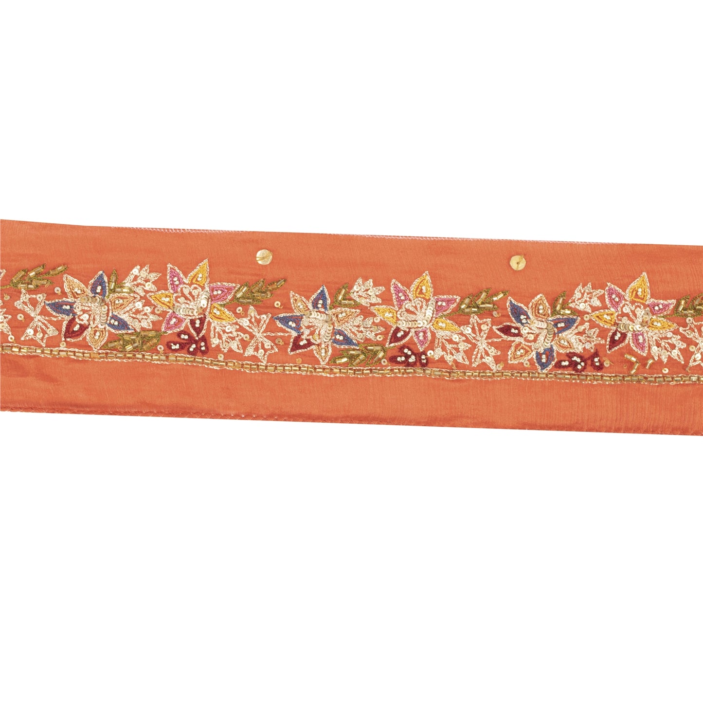 Sanskriti Vintage Sari Border Hand Beaded 1 YD Craft Trim Orange Silk 1.5W Lace