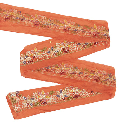 Sanskriti Vintage Sari Border Hand Beaded 1 YD Craft Trim Orange Silk 1.5W Lace