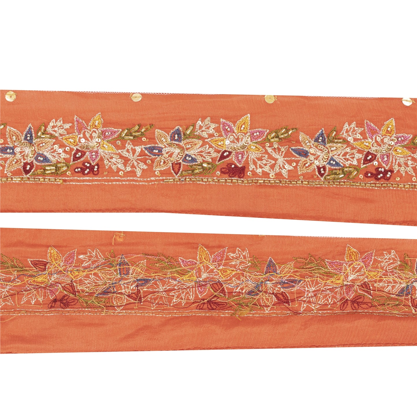 Sanskriti Vintage Sari Border Hand Beaded 1 YD Craft Trim Orange Silk 1.5W Lace