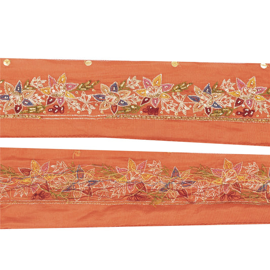 Sanskriti Vintage Sari Border Hand Beaded 1 YD Craft Trim Orange Silk 1.5W Lace