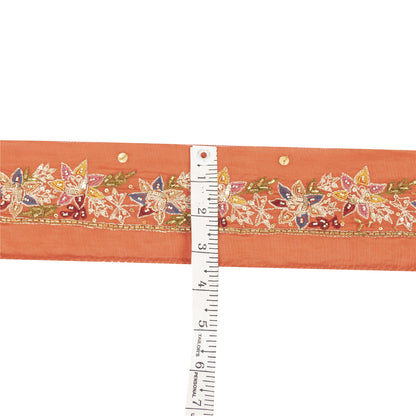 Sanskriti Vintage Sari Border Hand Beaded 1 YD Craft Trim Orange Silk 1.5W Lace