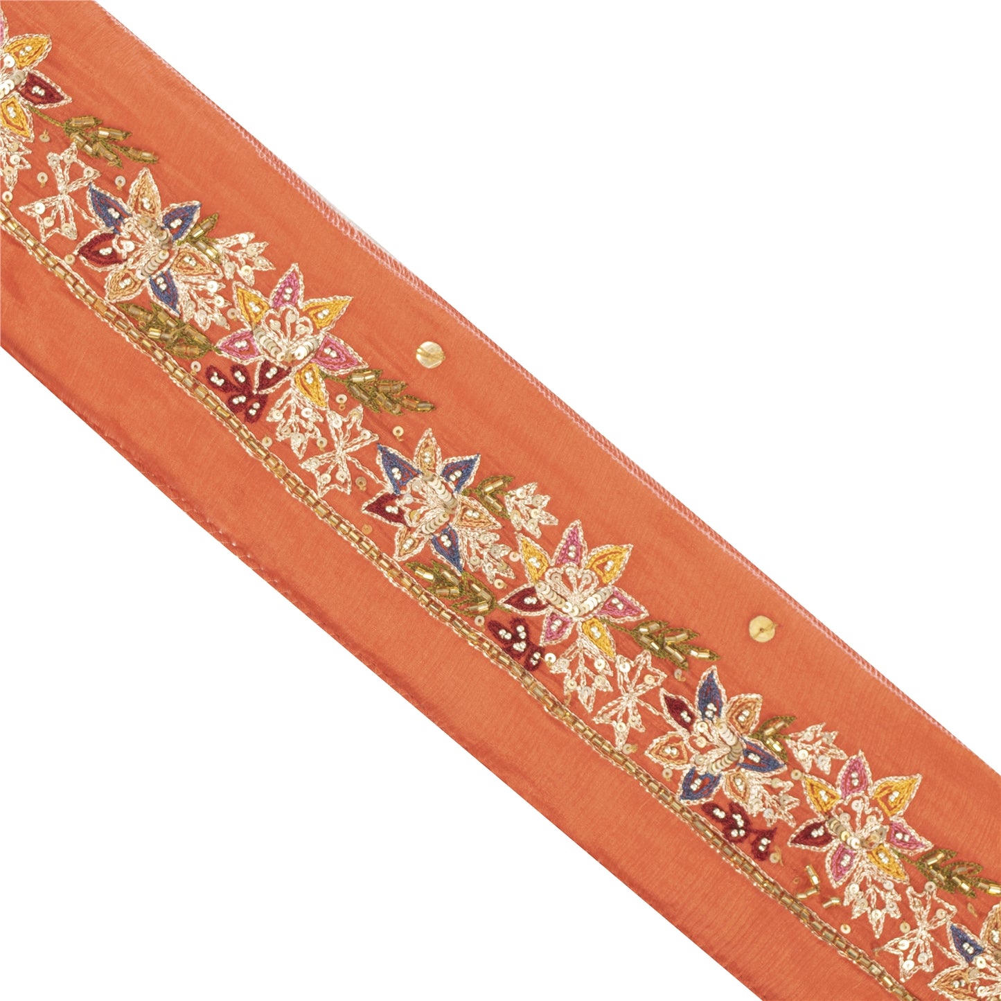 Sanskriti Vintage Sari Border Hand Beaded 1 YD Craft Trim Orange Silk 1.5W Lace