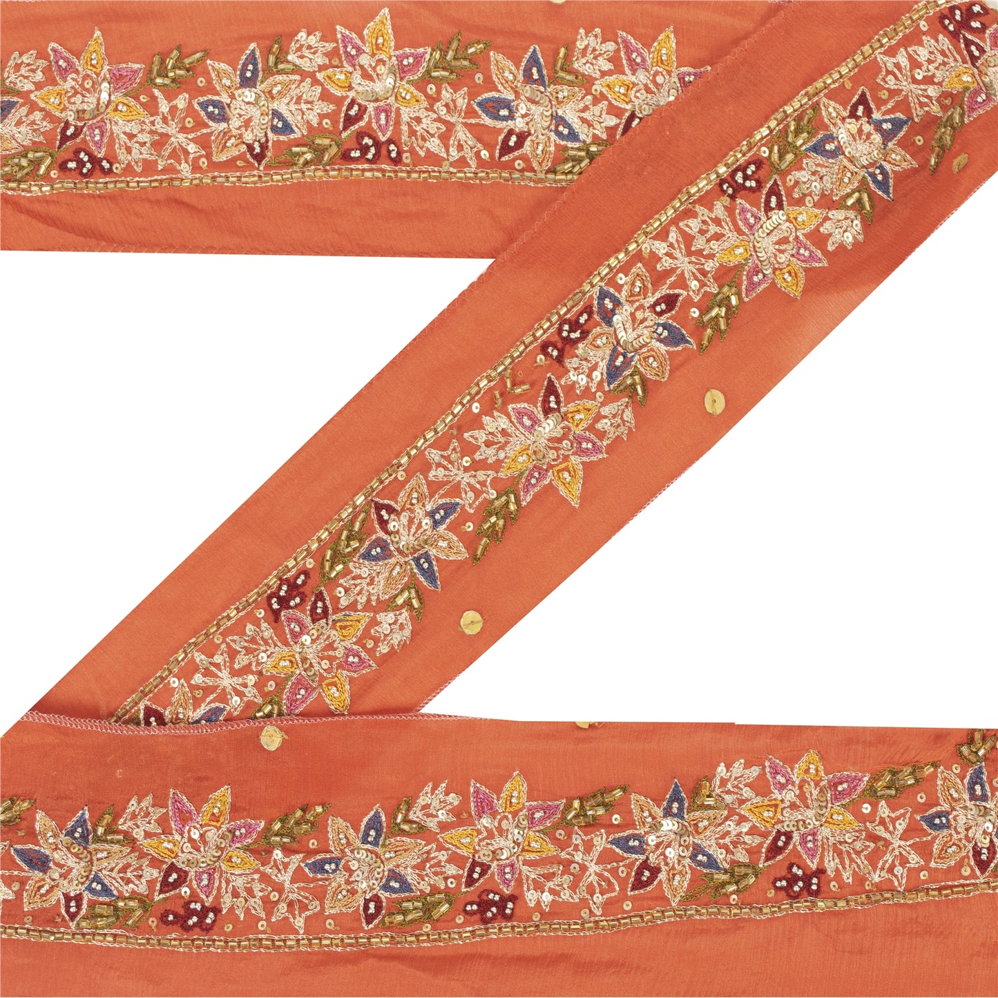 Sanskriti Vintage Sari Border Hand Beaded 1 YD Craft Trim Orange Silk 1.5W Lace