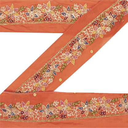 Sanskriti Vintage Sari Border Hand Beaded 1 YD Craft Trim Orange Silk 1.5W Lace