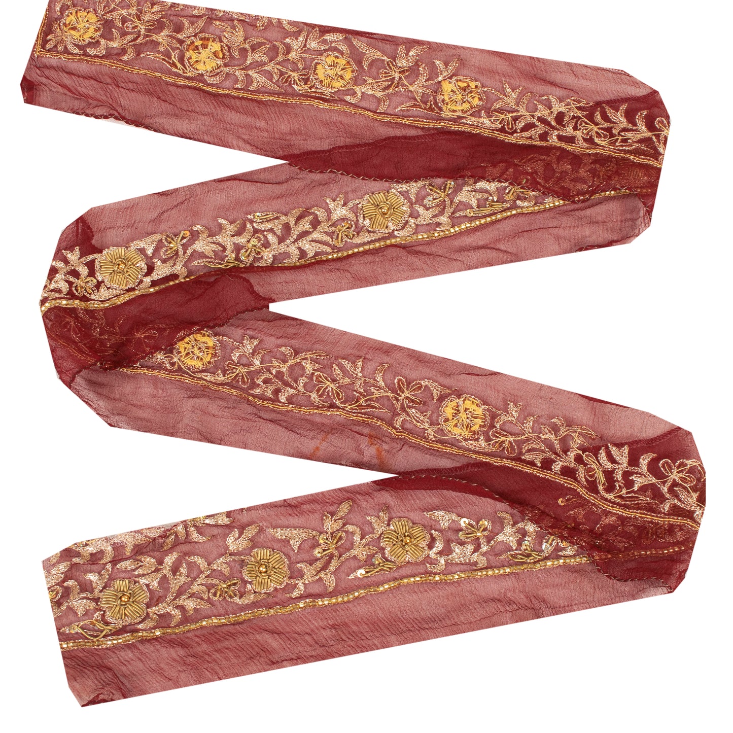 Sanskriti Vintage Sari Border Hand Beaded Zardozi 1YD Sewing Dark Red Trims Lace