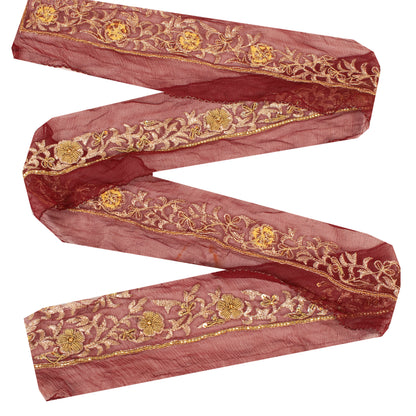 Sanskriti Vintage Sari Border Hand Beaded Zardozi 1YD Sewing Dark Red Trims Lace