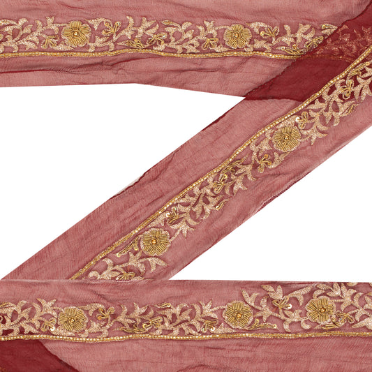 Sanskriti Vintage Sari Border Hand Beaded Zardozi 1YD Sewing Dark Red Trims Lace