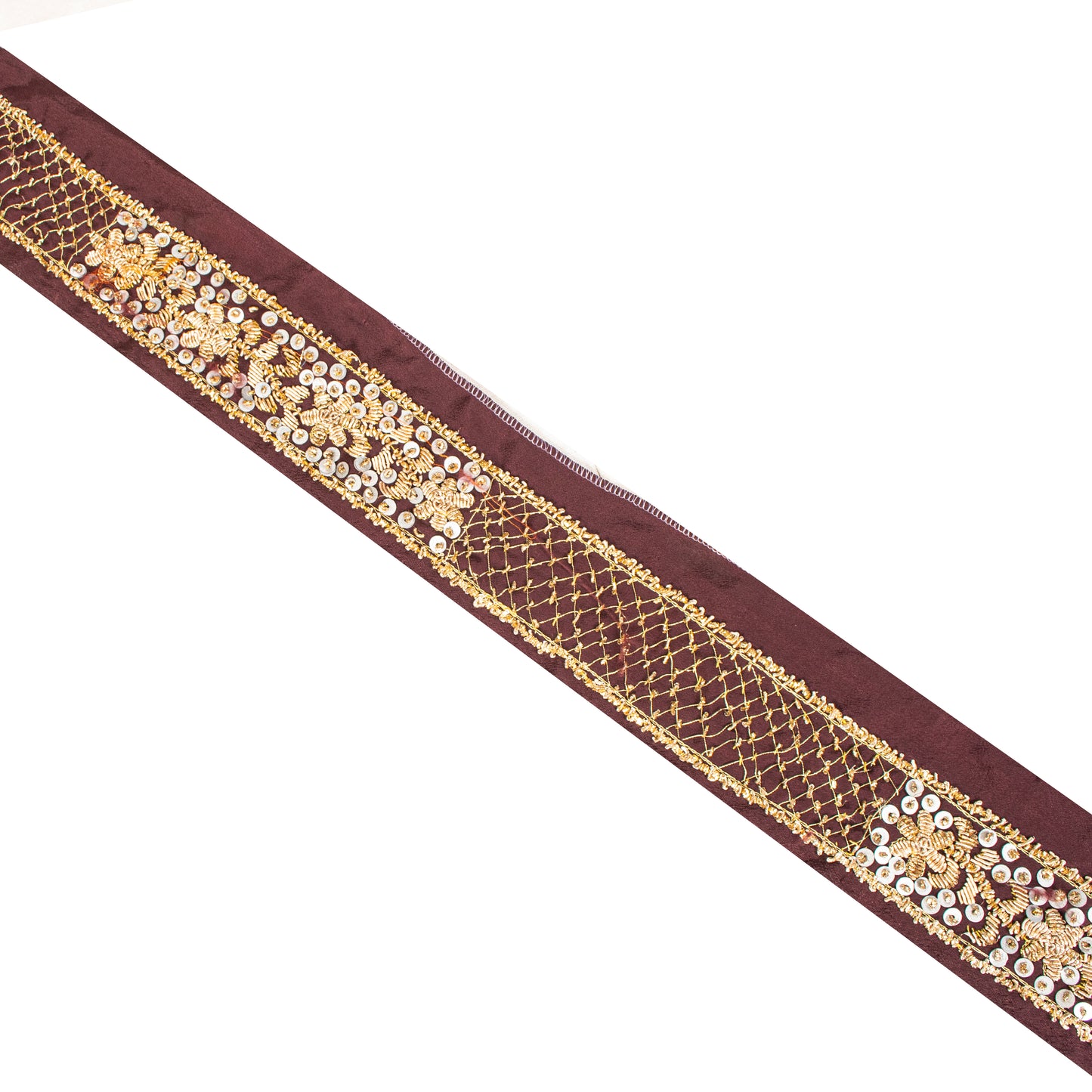 Sanskriti Vintage Brown Silk 1 YD Sari Border Hand Embroidered Zardozi Trim Lace