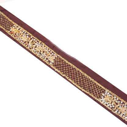 Sanskriti Vintage Brown Silk 1 YD Sari Border Hand Embroidered Zardozi Trim Lace