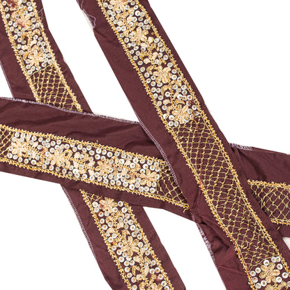 Sanskriti Vintage Brown Silk 1 YD Sari Border Hand Embroidered Zardozi Trim Lace