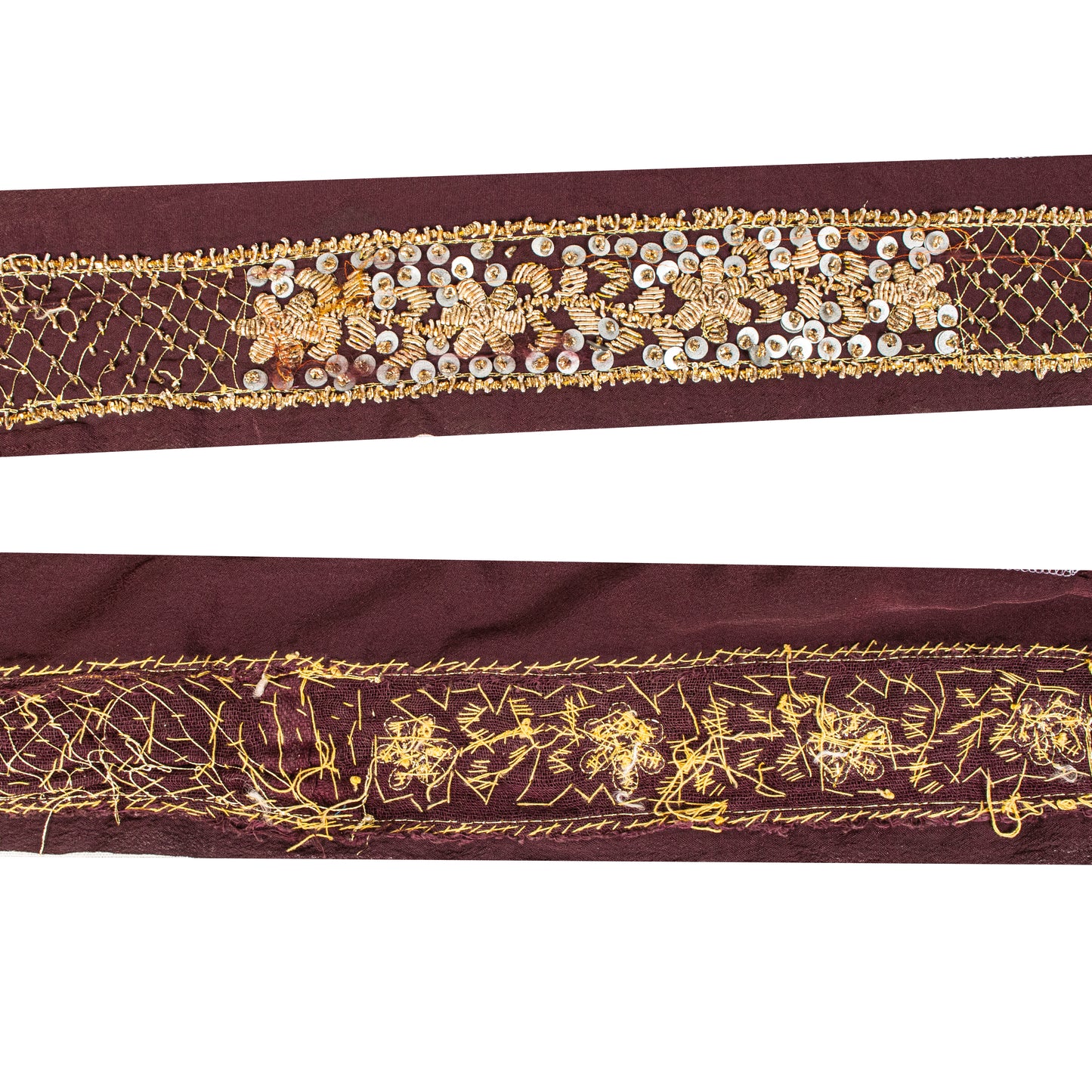 Sanskriti Vintage Brown Silk 1 YD Sari Border Hand Embroidered Zardozi Trim Lace