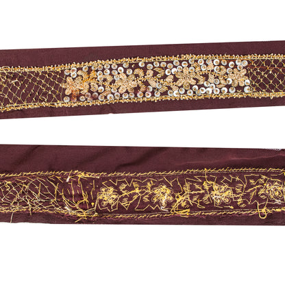 Sanskriti Vintage Brown Silk 1 YD Sari Border Hand Embroidered Zardozi Trim Lace