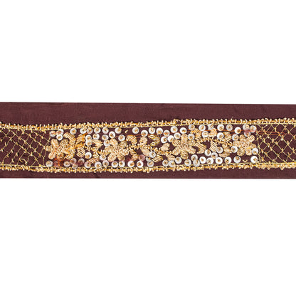 Sanskriti Vintage Brown Silk 1 YD Sari Border Hand Embroidered Zardozi Trim Lace