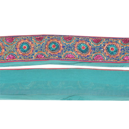 SANSKRITI VINTAGE SAREE BORDER HAND BEADED 1YD TRIMS LACE 2.2W INDIAN SKY BLUE