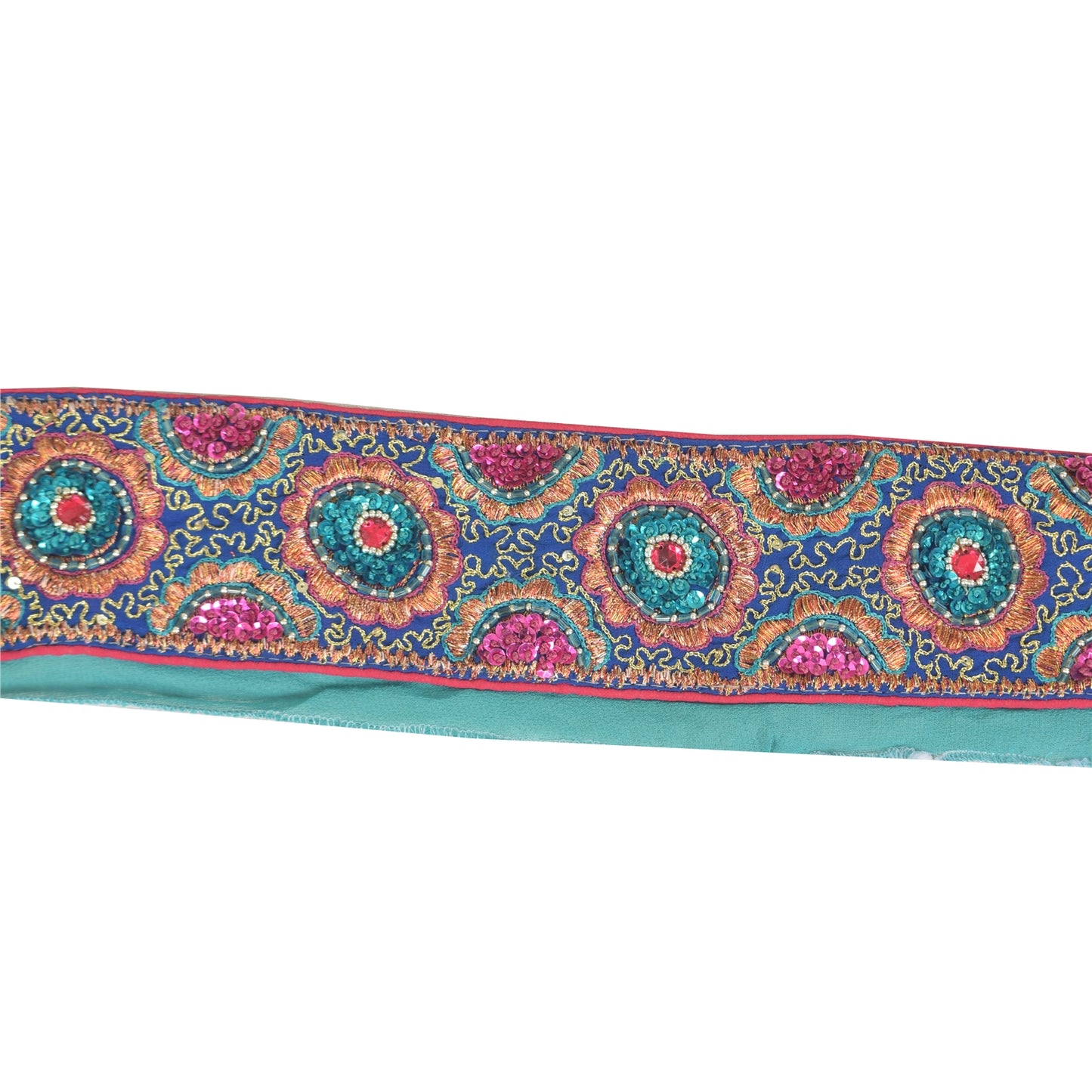 SANSKRITI VINTAGE SAREE BORDER HAND BEADED 1YD TRIMS LACE 2.2W INDIAN SKY BLUE