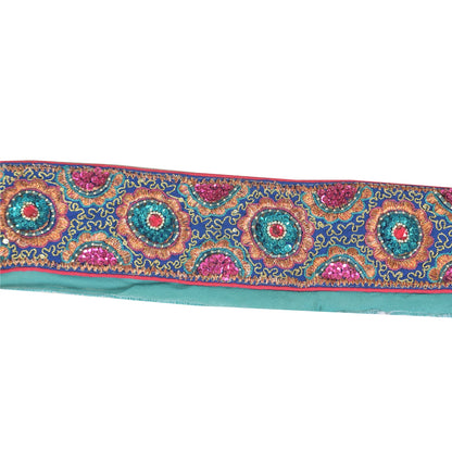 SANSKRITI VINTAGE SAREE BORDER HAND BEADED 1YD TRIMS LACE 2.2W INDIAN SKY BLUE