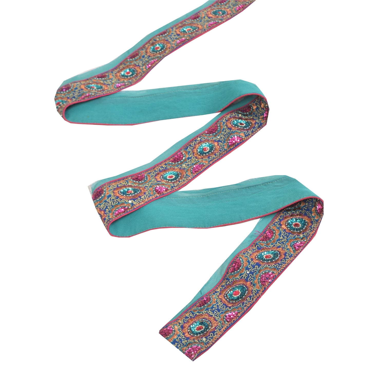 SANSKRITI VINTAGE SAREE BORDER HAND BEADED 1YD TRIMS LACE 2.2W INDIAN SKY BLUE