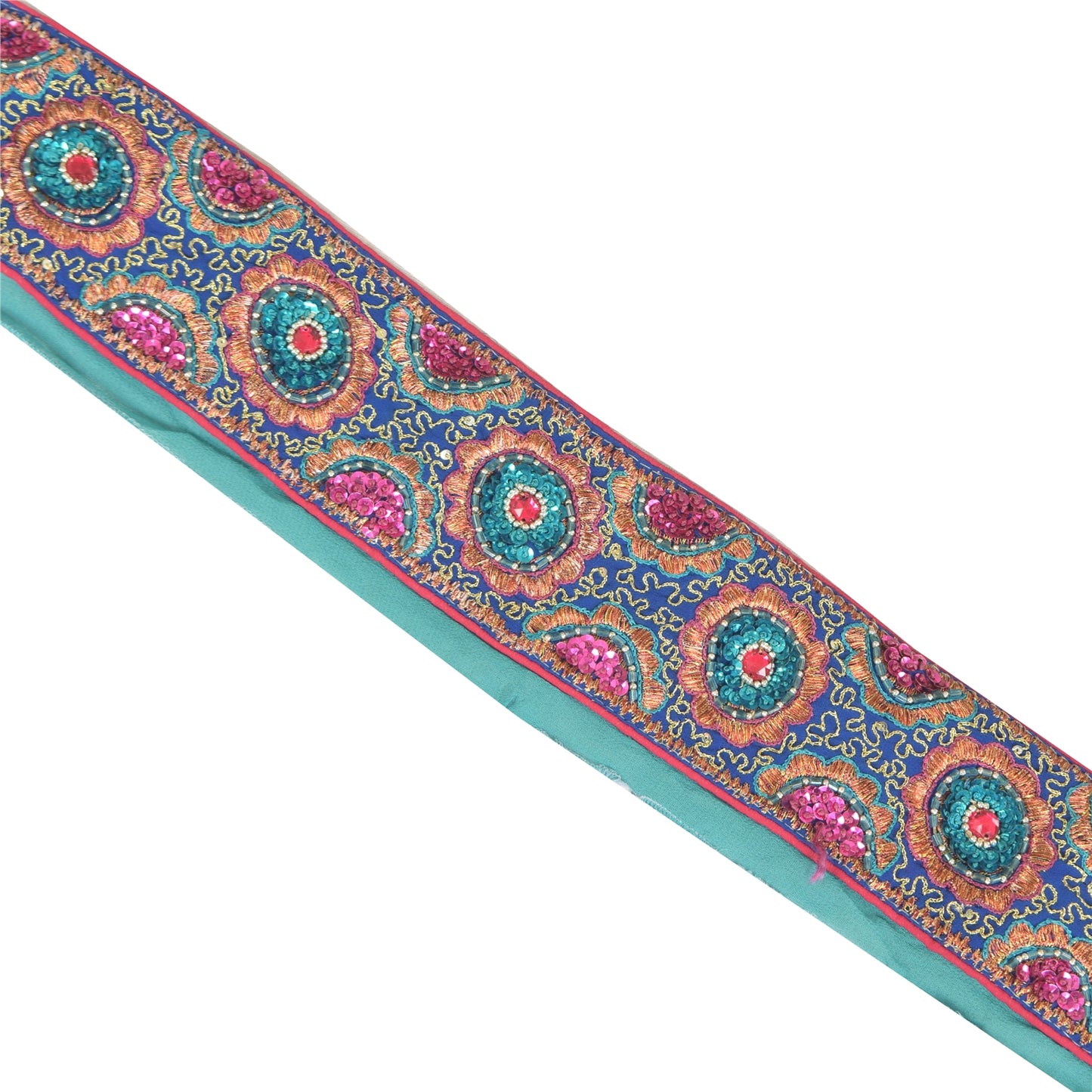 SANSKRITI VINTAGE SAREE BORDER HAND BEADED 1YD TRIMS LACE 2.2W INDIAN SKY BLUE