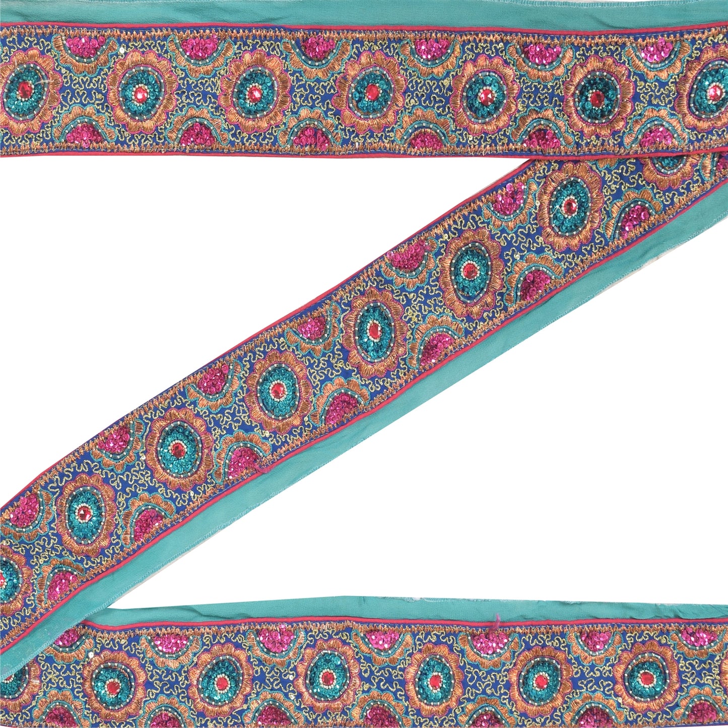 SANSKRITI VINTAGE SAREE BORDER HAND BEADED 1YD TRIMS LACE 2.2W INDIAN SKY BLUE