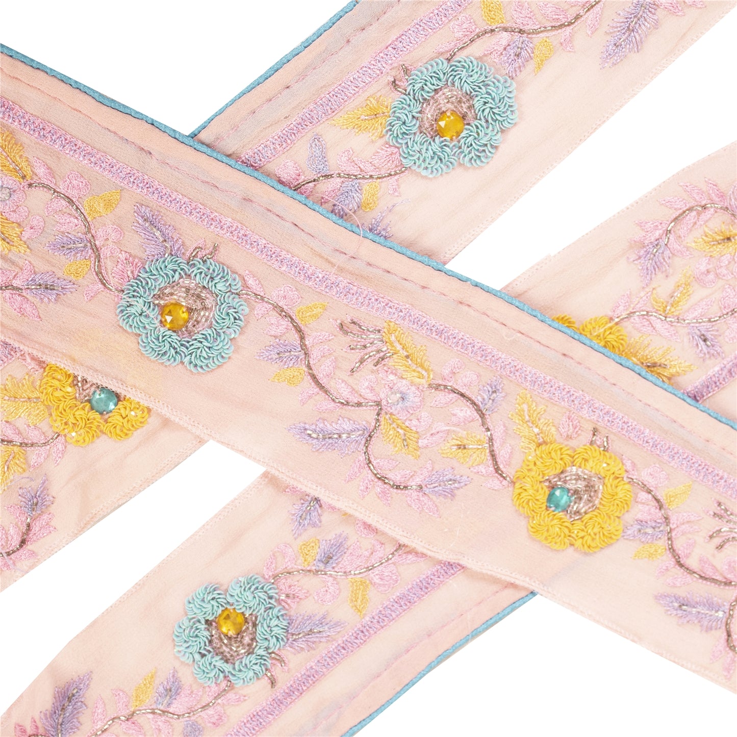 Sanskriti Vintage Sari Border Hand Bead Zardozi Sequins 1YD Craft Trim Pink Lace