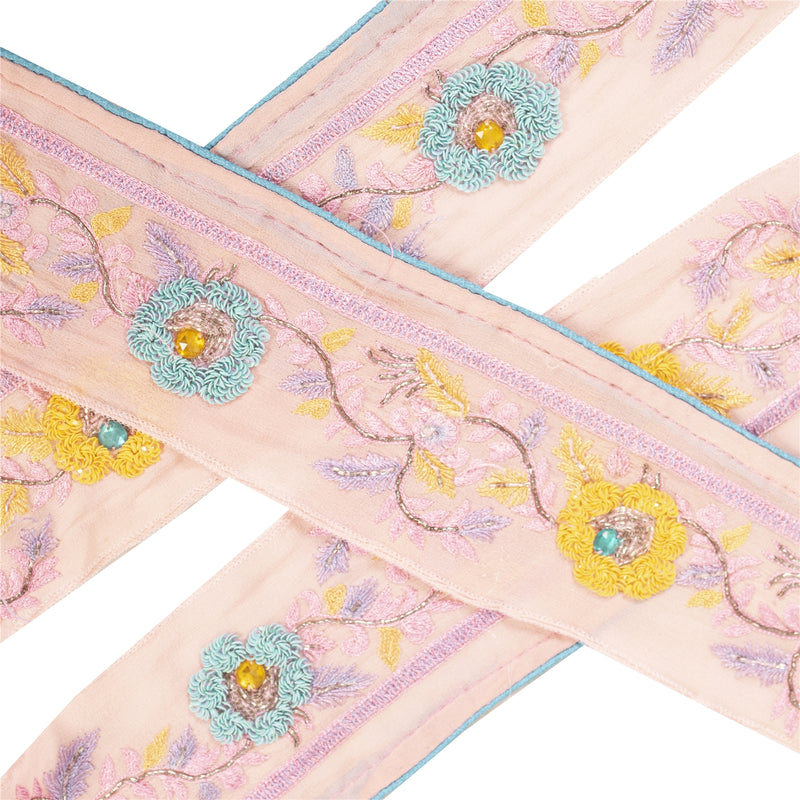 Sanskriti Vintage Sari Border Hand Bead Zardozi Sequins 1YD Craft Trim Pink Lace