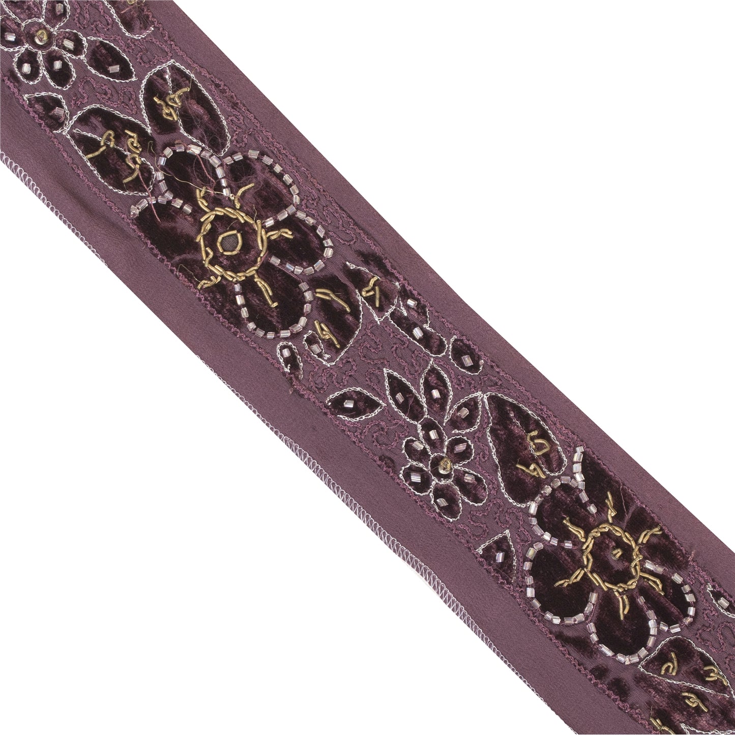 Sanskriti Vintage Sari Border Hand Beaded Zardozi 1 YD Craft Trim Purple Lace