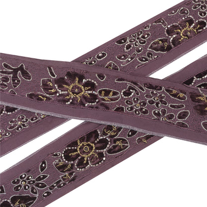 Sanskriti Vintage Sari Border Hand Beaded Zardozi 1 YD Craft Trim Purple Lace
