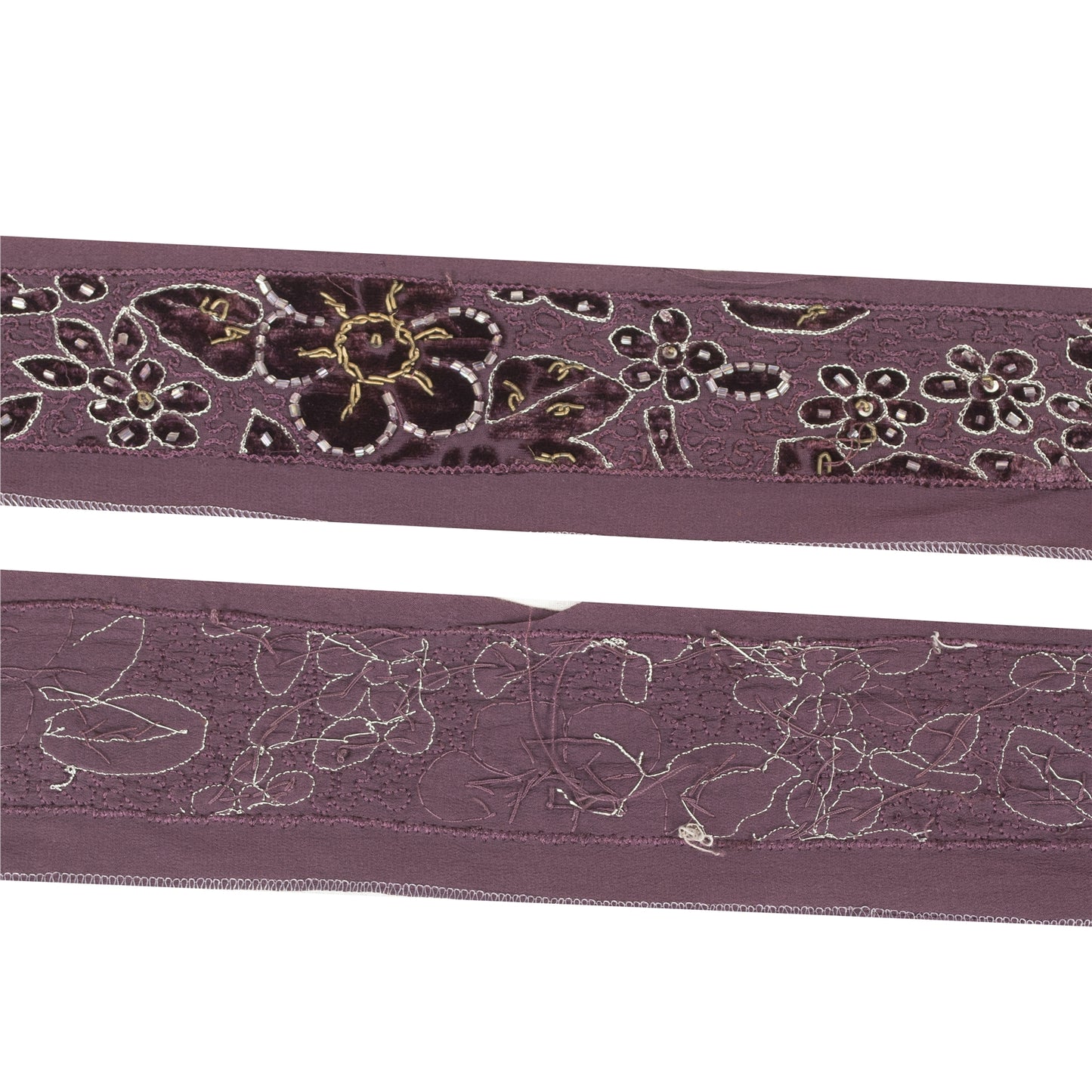 Sanskriti Vintage Sari Border Hand Beaded Zardozi 1 YD Craft Trim Purple Lace