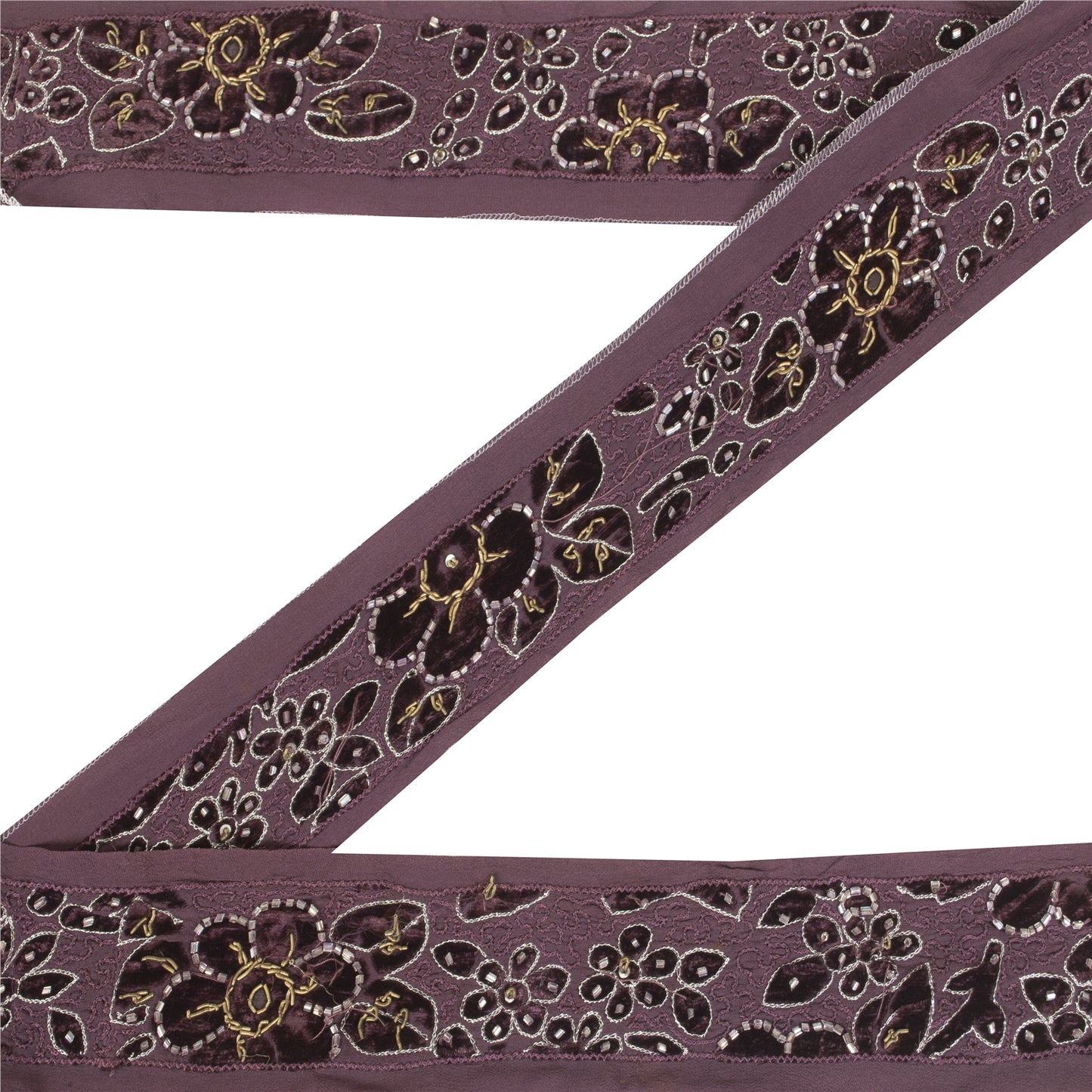 Sanskriti Vintage Sari Border Hand Beaded Zardozi 1 YD Craft Trim Purple Lace