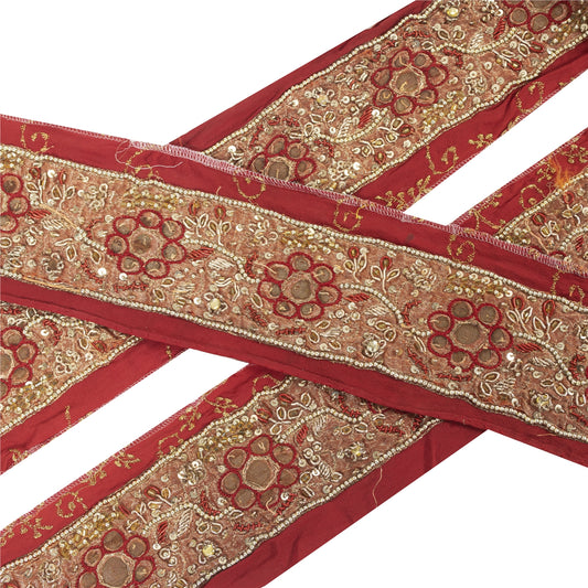 Sanskriti Vintage Sari Border Hand Beaded Zardozi 1 YD Craft Trim Red Lace Decor