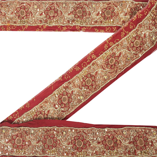 Sanskriti Vintage Sari Border Hand Beaded Zardozi 1 YD Craft Trim Red Lace Decor
