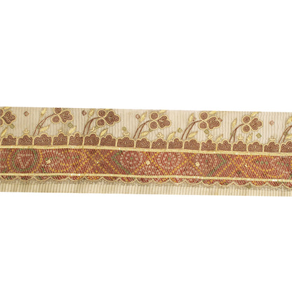 Sanskriti Vintage Sari Border Hand Beaded 1 YD Trim Cream Zari Gotta Patti Lace