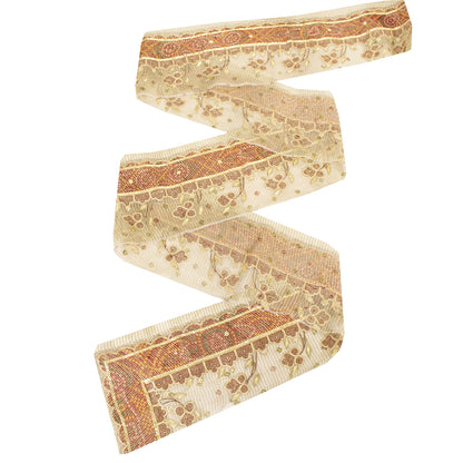 Sanskriti Vintage Sari Border Hand Beaded 1 YD Trim Cream Zari Gotta Patti Lace