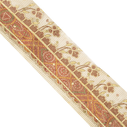Sanskriti Vintage Sari Border Hand Beaded 1 YD Trim Cream Zari Gotta Patti Lace