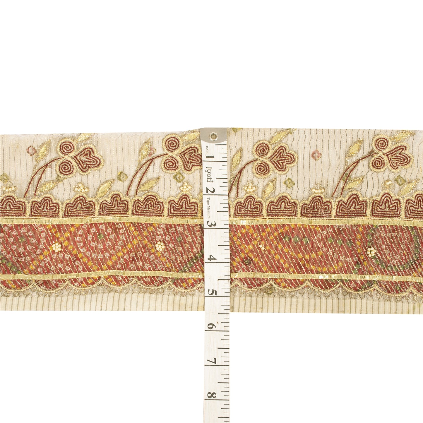 Sanskriti Vintage Sari Border Hand Beaded 1 YD Trim Cream Zari Gotta Patti Lace