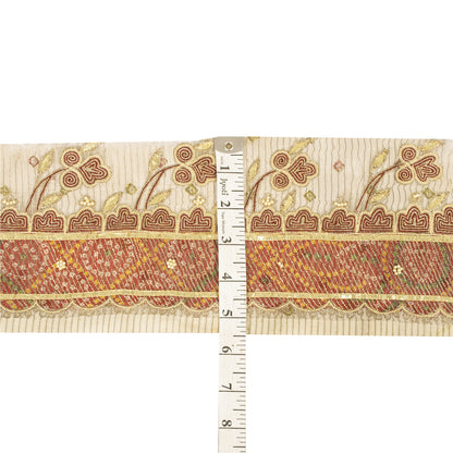 Sanskriti Vintage Sari Border Hand Beaded 1 YD Trim Cream Zari Gotta Patti Lace