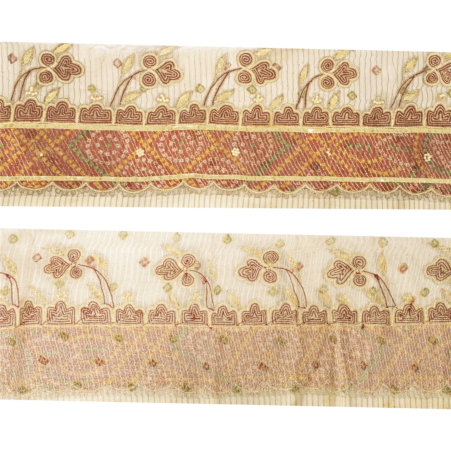 Sanskriti Vintage Sari Border Hand Beaded 1 YD Trim Cream Zari Gotta Patti Lace