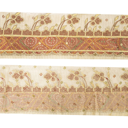 Sanskriti Vintage Sari Border Hand Beaded 1 YD Trim Cream Zari Gotta Patti Lace