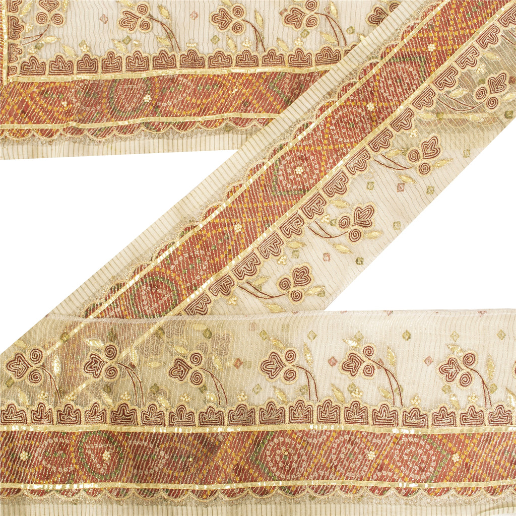 Sanskriti Vintage Sari Border Hand Beaded 1 YD Trim Cream Zari Gotta Patti Lace