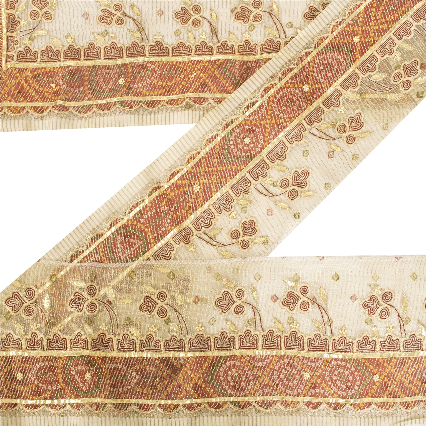 Sanskriti Vintage Sari Border Hand Beaded 1 YD Trim Cream Zari Gotta Patti Lace