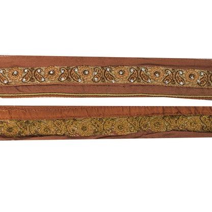 Sanskriti Vintage Brown Silk 1 YD Sari Border Hand Embroidered Craft Trim Lace